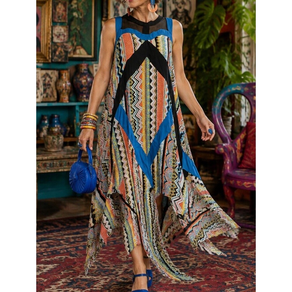 Handkerchief Dress M High Low Criss Cross Harness Neck Blue Black Maximalist